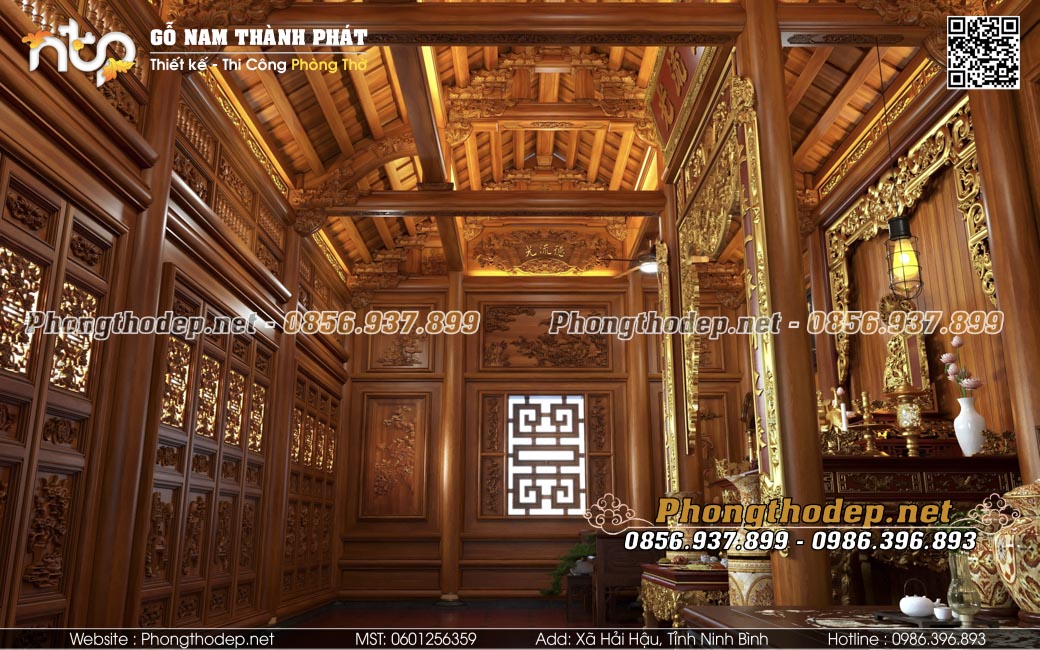 Vách thuận phòng thờ nhà gỗ 3 gian